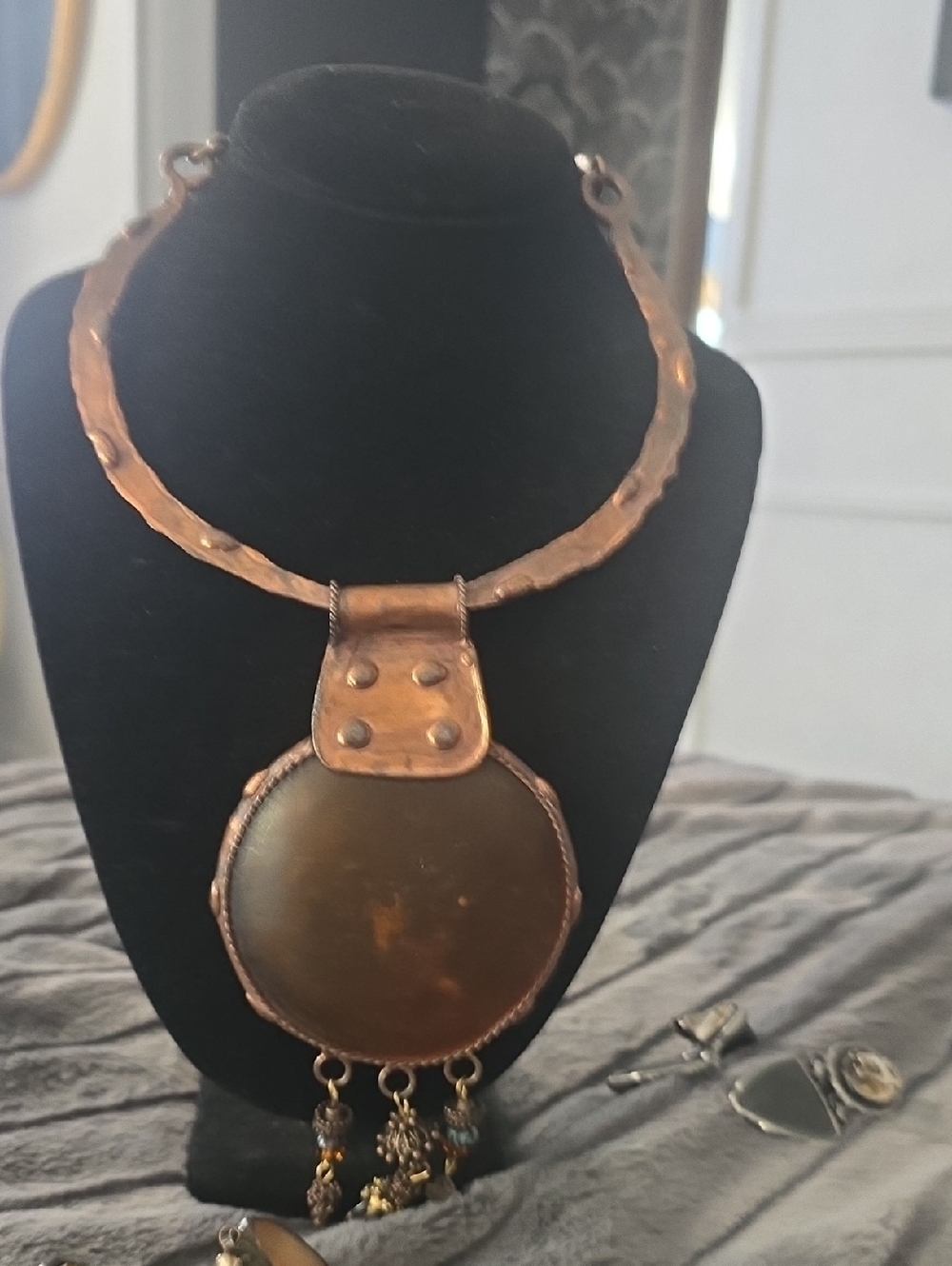 Maya Copper Collar Necklace with Brown Pendant and Dangle Charms
